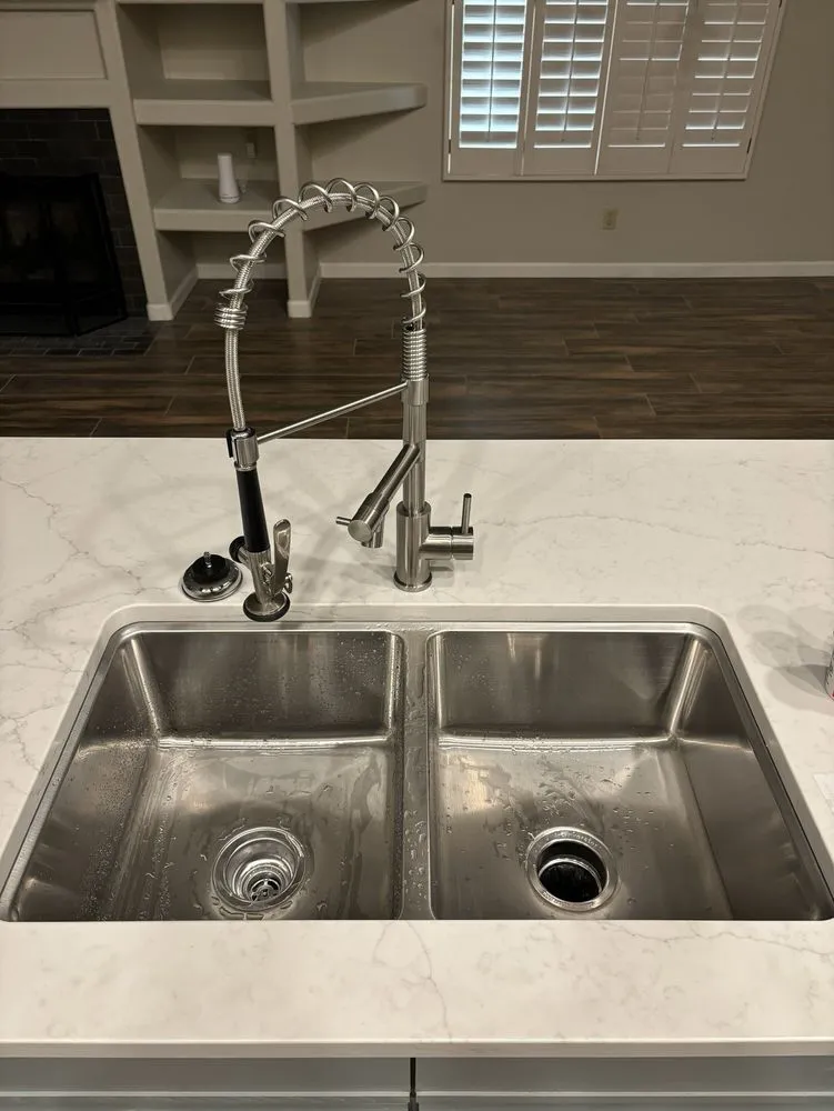 Double basin sink with garbage disposal installed by Lawson